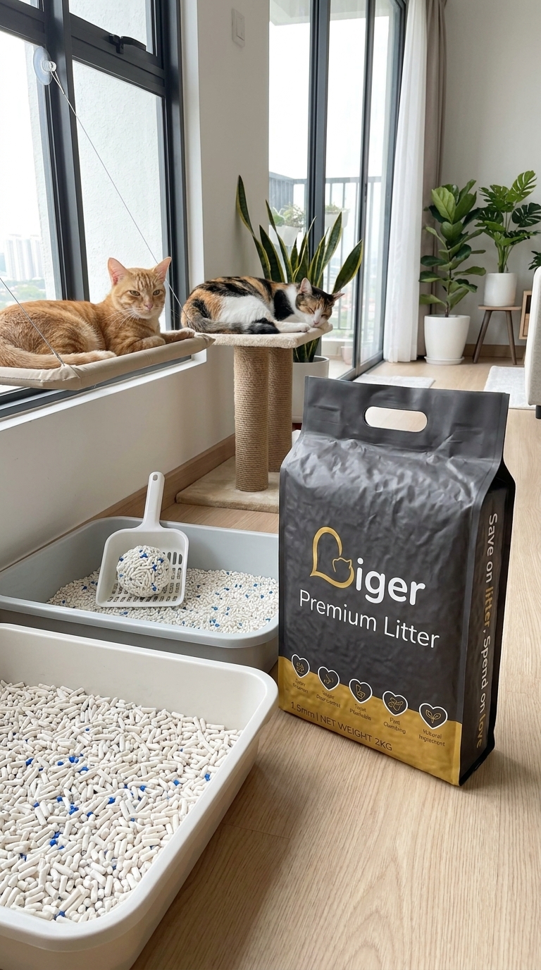 A Liger tofu cat litter pouch with two separate litter trays in a calm multi-cat Malaysian home
