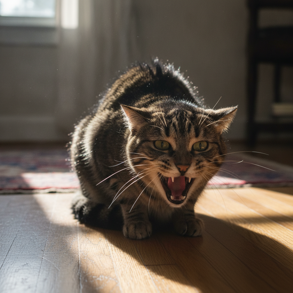 A tense cat crouched low with flattened ears and dilated pupils showing aggression warning signs