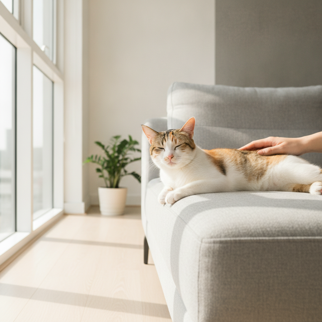 Kucing yang tenang diperiksa dengan lembut oleh pemiliknya di rumah
