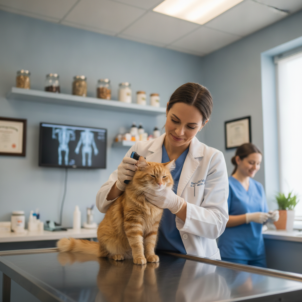 Doktor haiwan memeriksa kucing untuk masalah kelenjar dubur