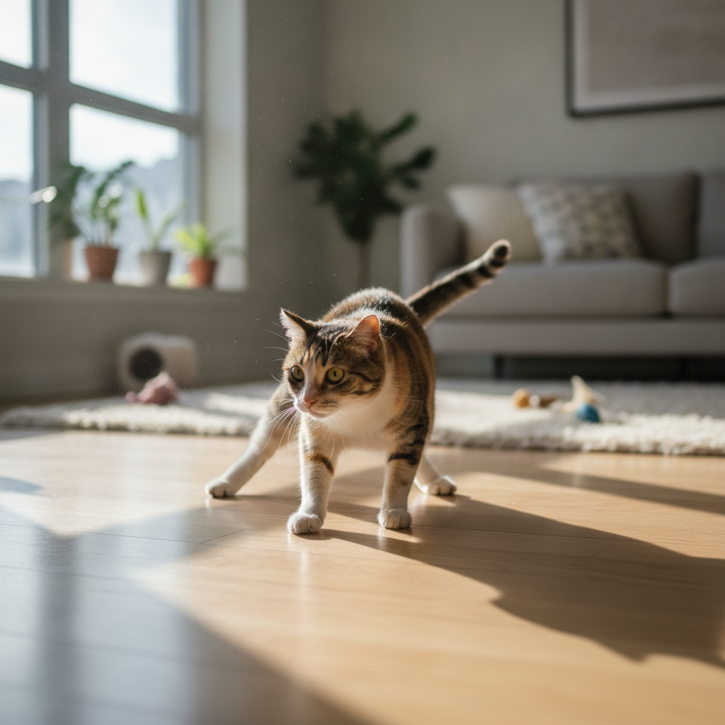 Kucing mengesot punggungnya di lantai, tanda kerengsaan kelenjar dubur