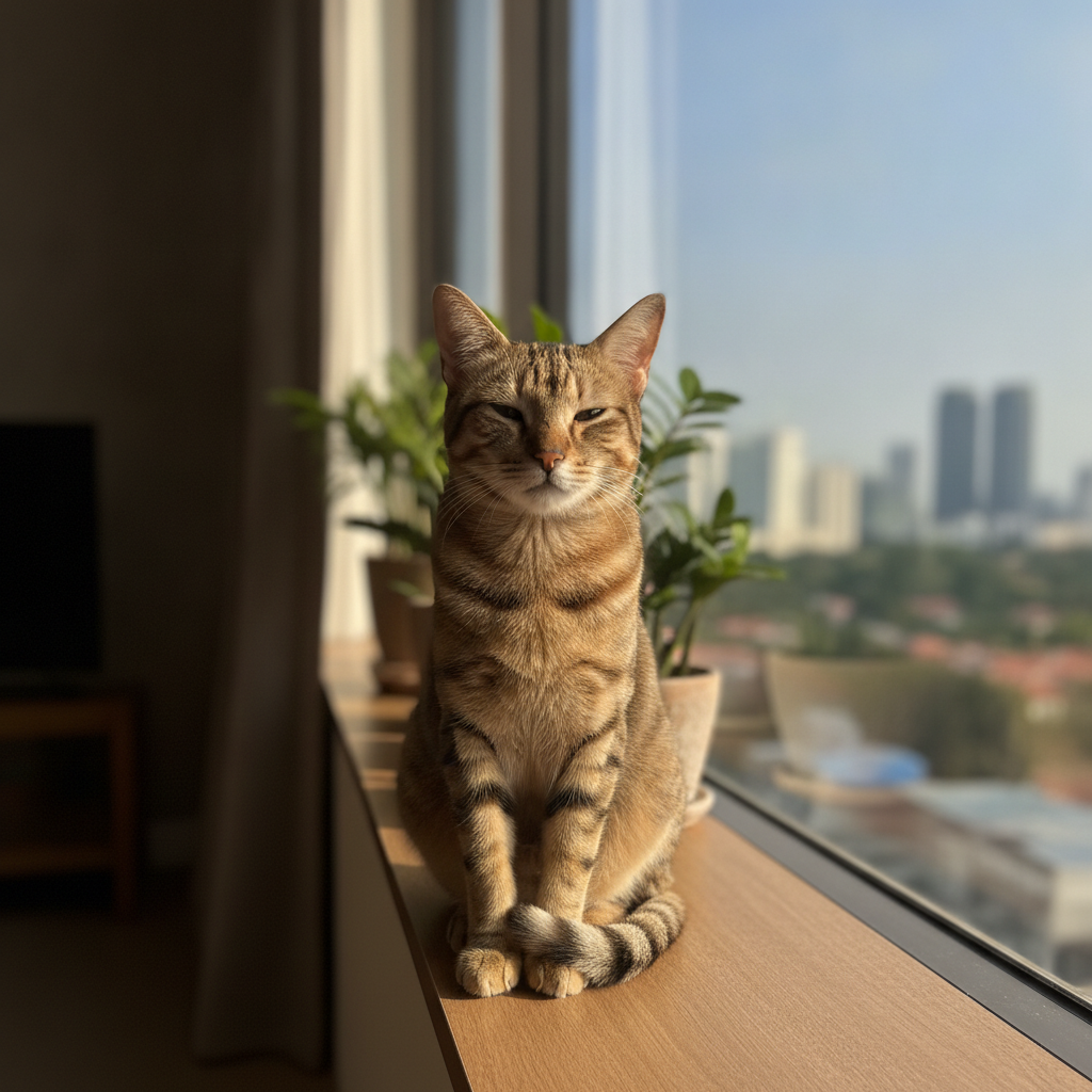 Seekor kucing belang yang tenang duduk di tepi tingkap sebuah apartmen Malaysia yang cerah