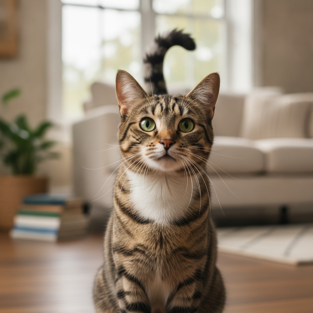 Seekor kucing belang dengan ekor tegak melengkung seperti tanda soal dan telinga ke hadapan menandakan mood yang mesra