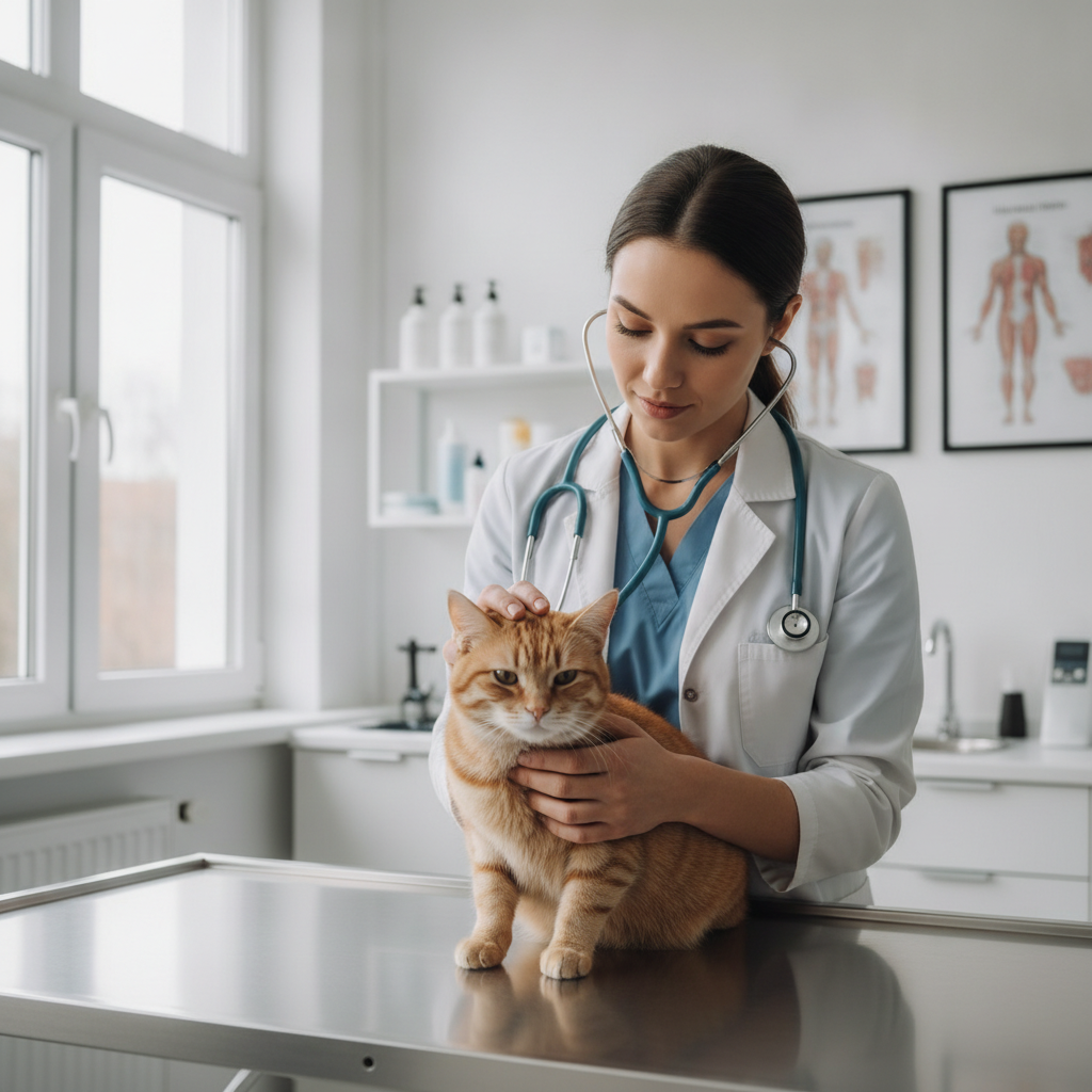 Seorang veterinar memeriksa kucing yang tenang di atas meja klinik dengan penuh kasih sayang