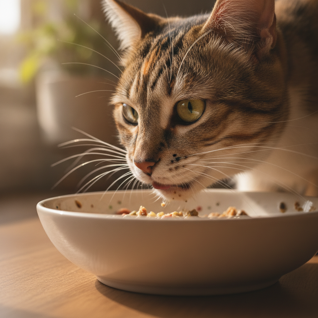 Kucing makan dari pinggan lebar dan cetek dengan misai tersebar tanpa menyentuh tepi mangkuk
