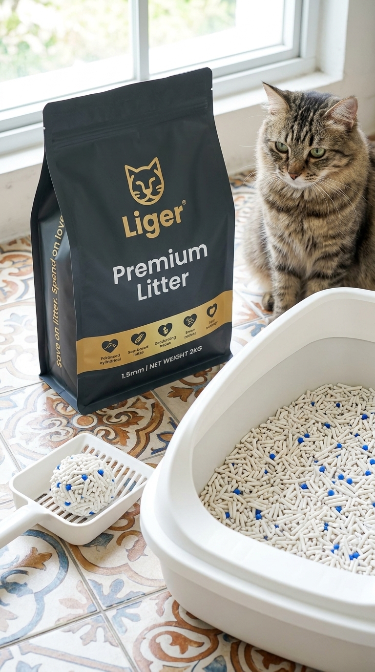 Peket Liger Premium pasir kucing tofu 2kg di sebelah kotak pasir bersih di rumah Malaysia