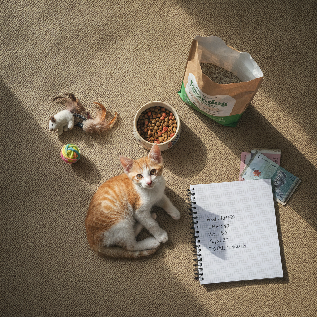 Cat ownership essentials and a budget notebook representing the cost of owning a cat in Malaysia