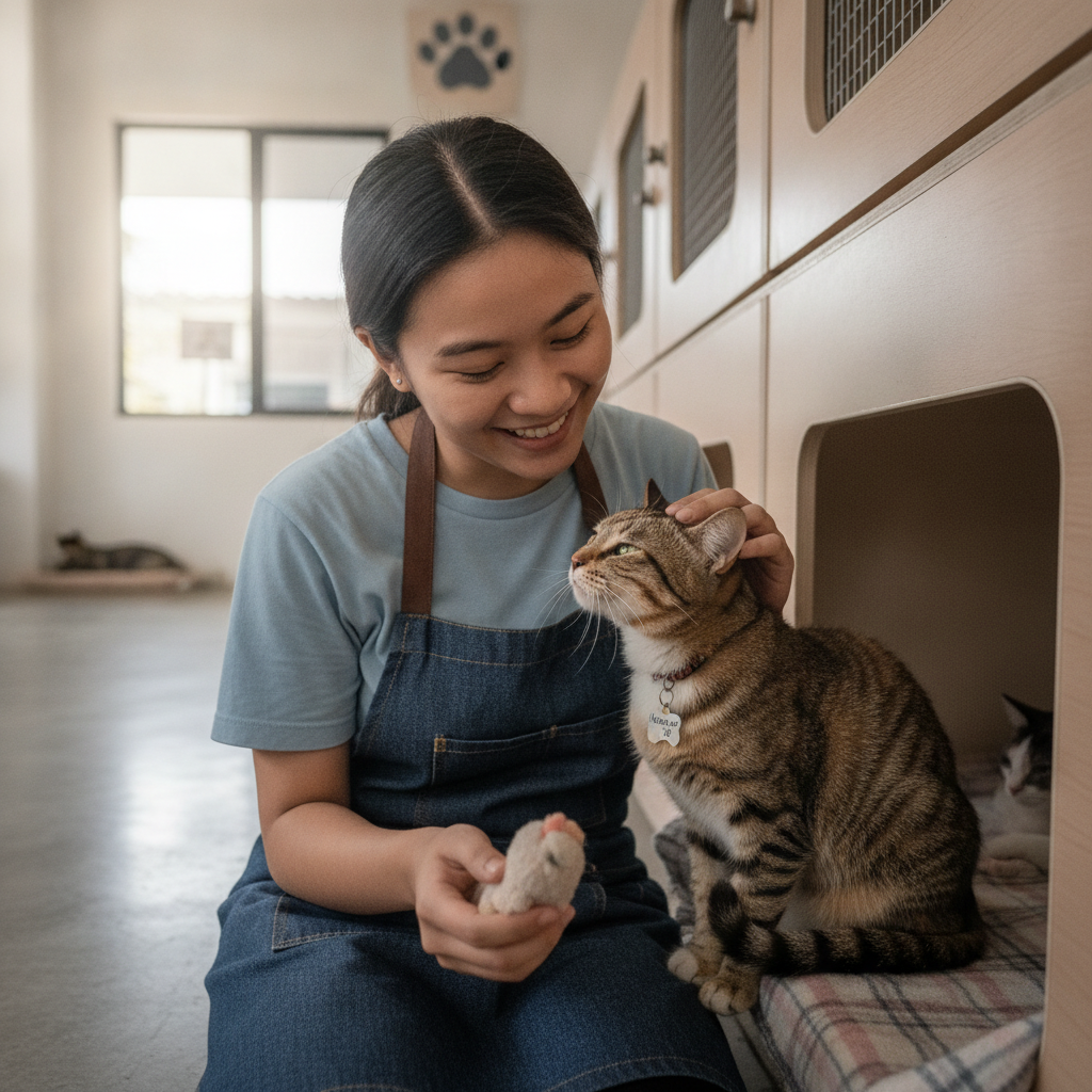 A kucing kampung cat at a Malaysian shelter, the affordable adoption alternative