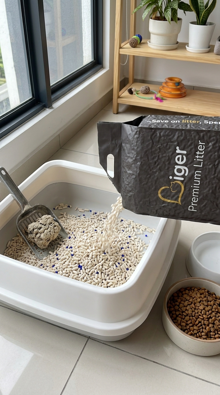 Liger tofu cat litter, a litter box and food bowl, representing the recurring cost of owning a cat