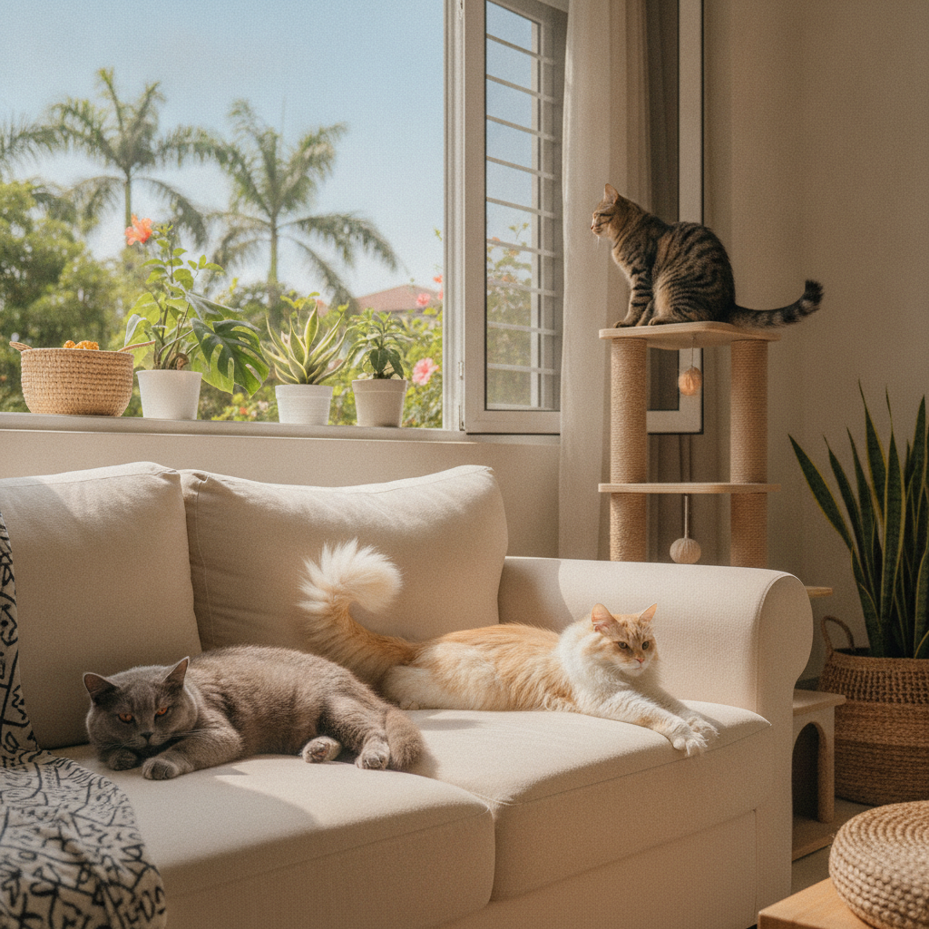 Several cat breeds including a British Shorthair and a local kucing kampung relaxing in a Malaysian apartment