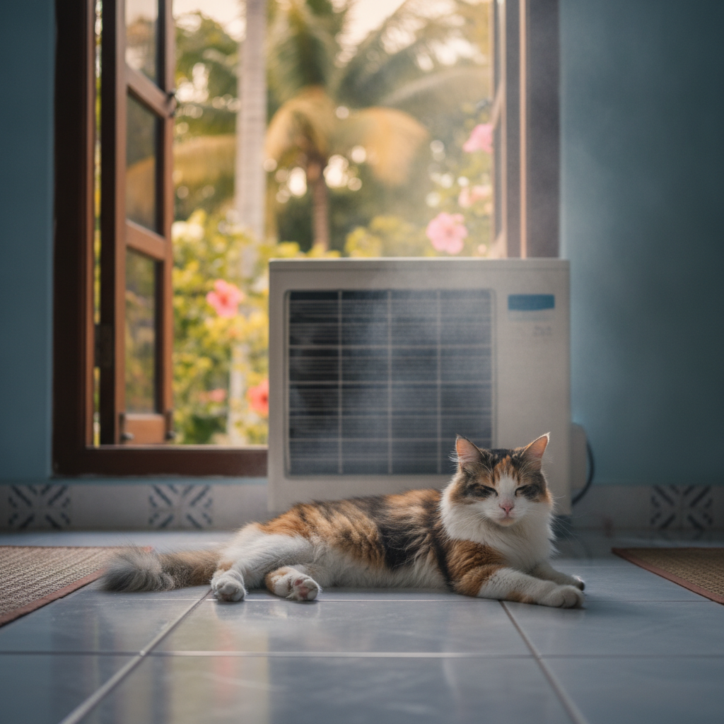 A long-haired cat staying cool near air-conditioning in a hot Malaysian home