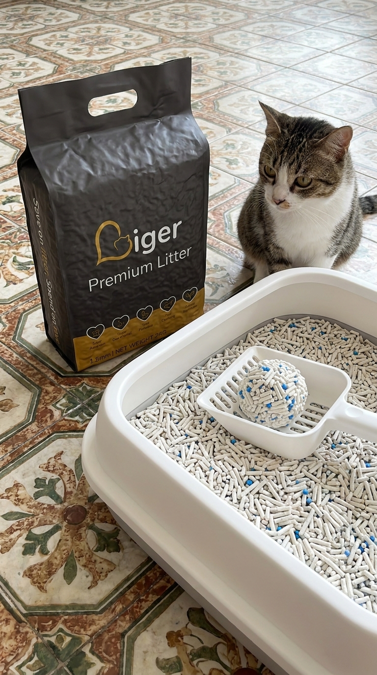 Liger tofu cat litter pouch beside a litter box with a cat nearby