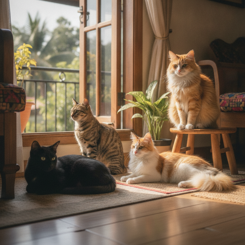 Kucing-kucing dengan warna dan corak bulu berbeza duduk bersama di tepi tingkap