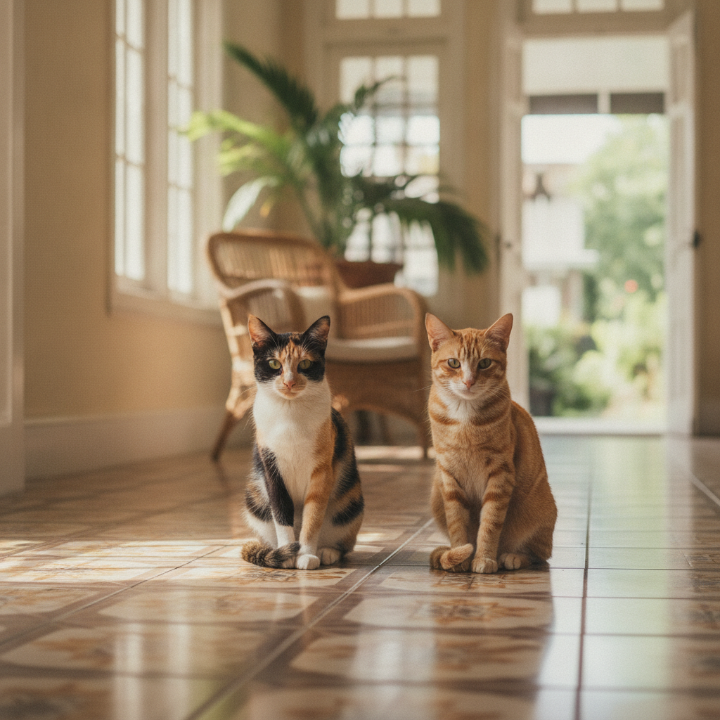 A calico cat and an orange cat sitting side by side