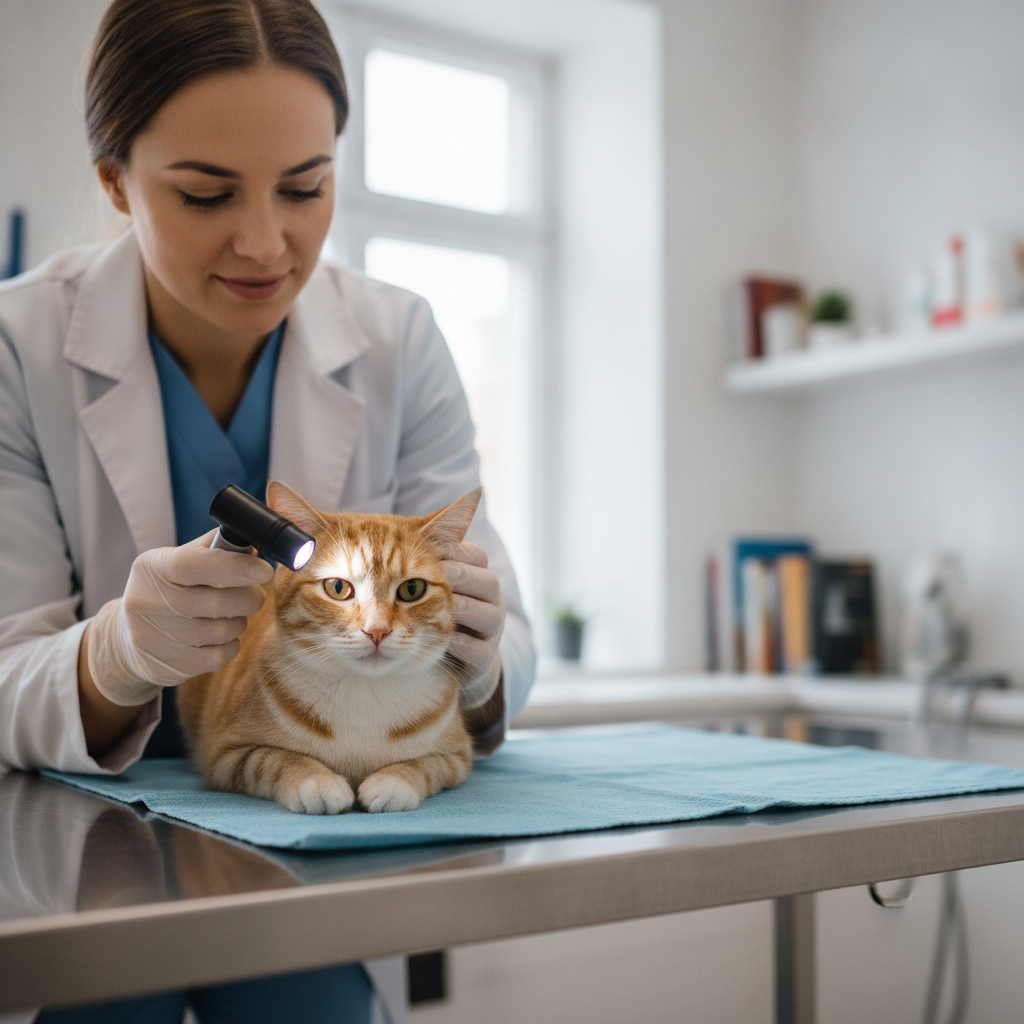 Seorang vet memeriksa mata kucing untuk mendiagnosis punca konjunktivitis