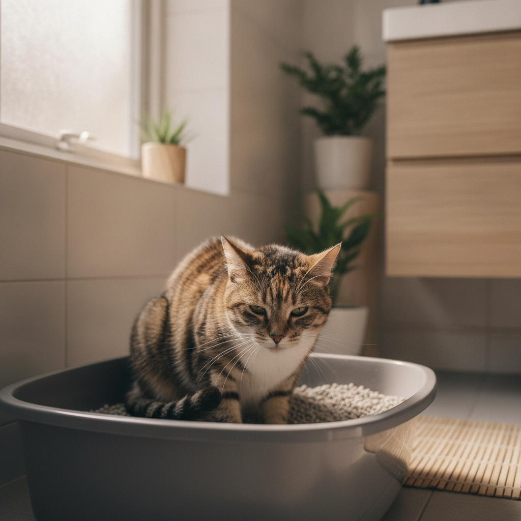 Seekor kucing membongkok dan mengedan dalam kotak pasir, tanda utama sembelit (constipation)