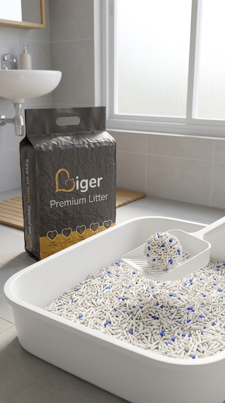 Beg Liger Premium Tofu Cat Litter di sebelah kotak pasir bersih bersisi rendah yang menggalakkan penggunaan tetap