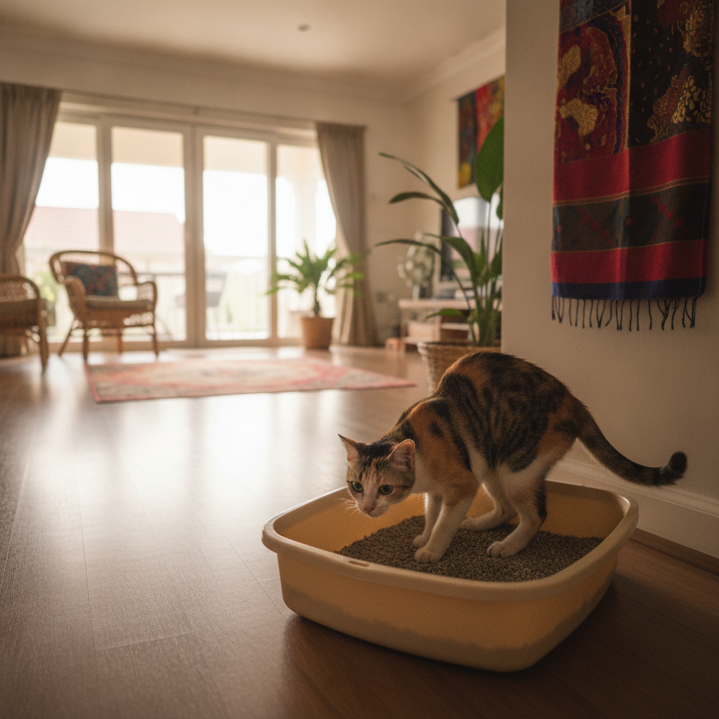 Seekor kucing yang mengedan berulang kali dalam kotak pasir, tanda klasik sembelit (constipation)