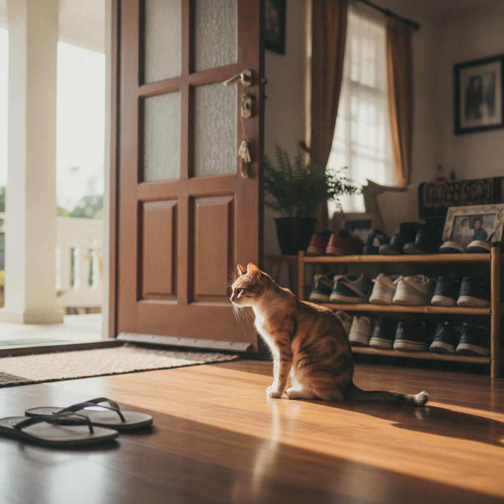 Kucing dalam rumah di depan pintu masuk, menunjukkan cara telur parasit memasuki rumah melalui kasut