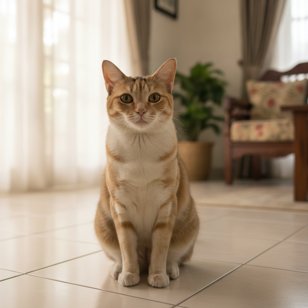 Kucing sihat di rumah Malaysia yang cerah, menggambarkan rutin nyahcacing dan pencegahan parasit