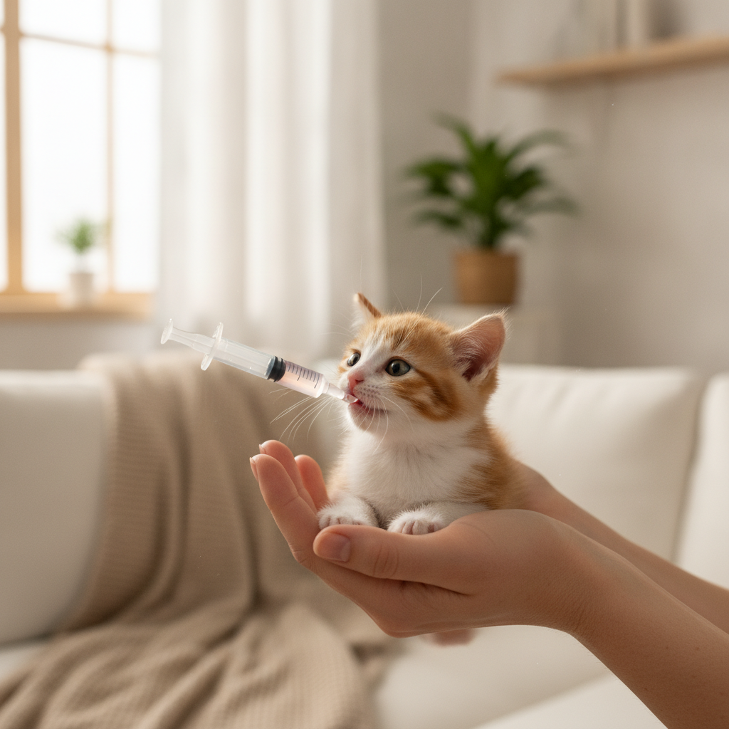 Anak kucing menerima dos nyahcacing semasa jadual rawatan awal