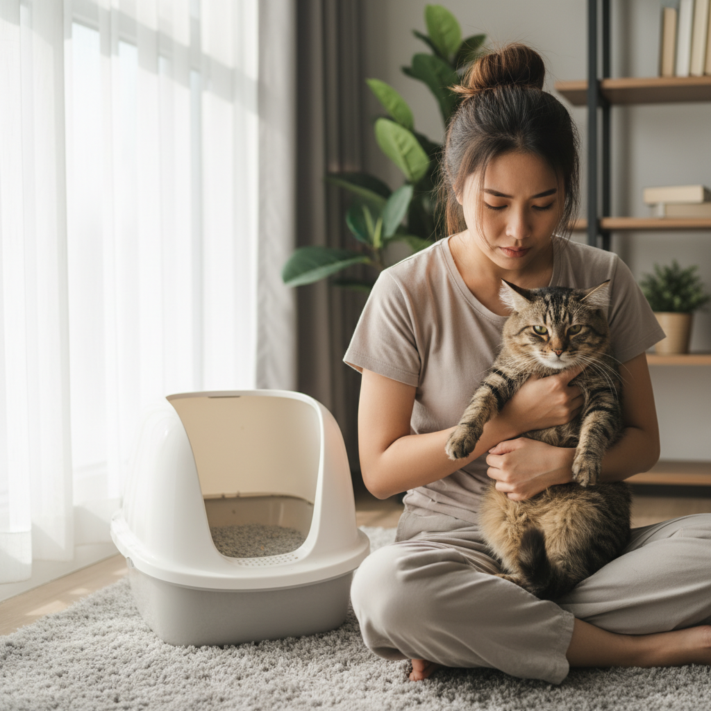 Pemilik kucing Malaysia menjaga kucing belang yang kurang sihat berhampiran kotak pasir