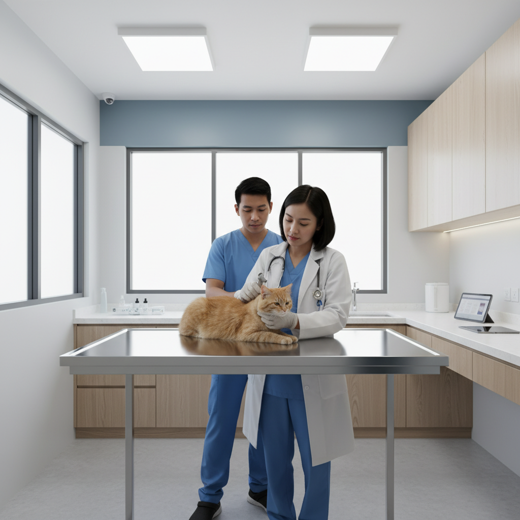 A veterinarian examining a cat during a check-up for digestive issues