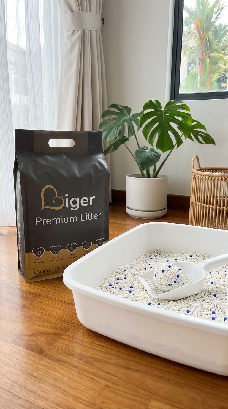 Liger豆腐猫砂包装立于整洁猫砂盆旁，低尘居家环境