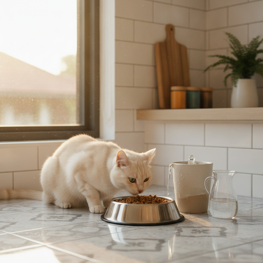 Cat eating from a wide shallow stainless-steel bowl at a tidy feeding station