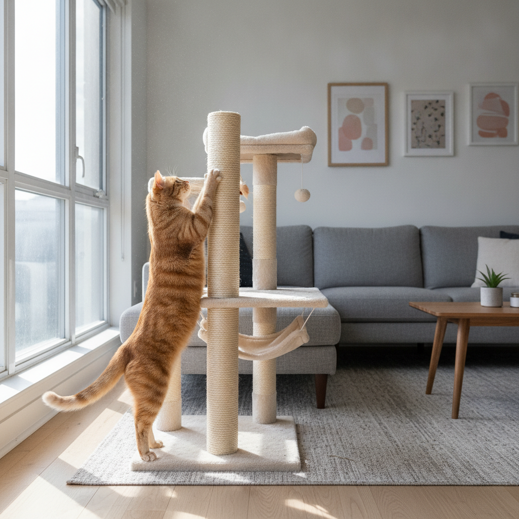 Cat stretching up a tall sisal scratching post beside a multi-level cat tree in a condo