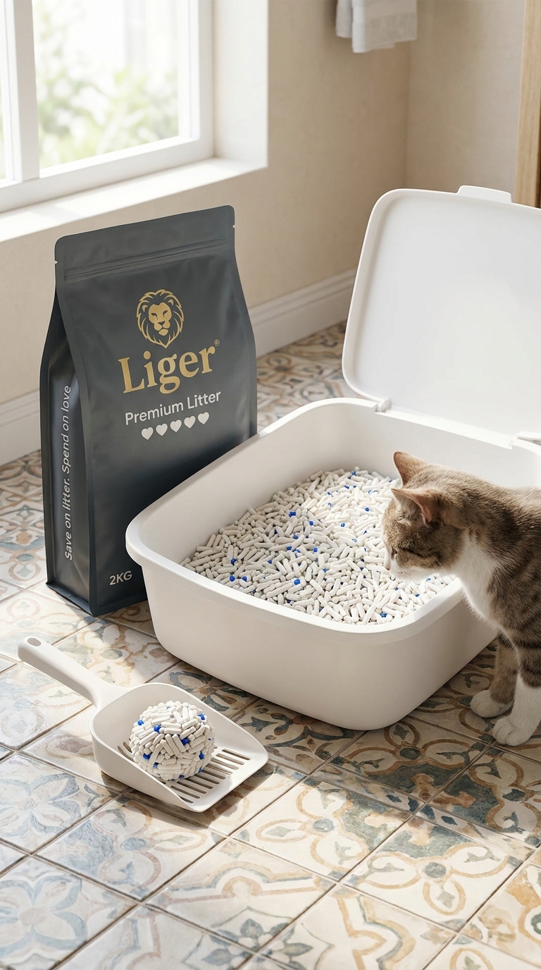 Liger Premium tofu cat litter 2kg pouch beside a clean litter box in a Malaysian bathroom