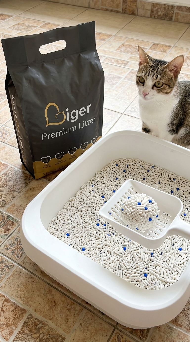 Pek Liger Premium Tofu Cat Litter di sebelah kotak pasir dengan seekor kucing bermata cerah berdekatan