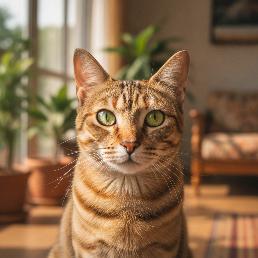 Seekor kucing harimau bermata hijau memandang terus ke kamera