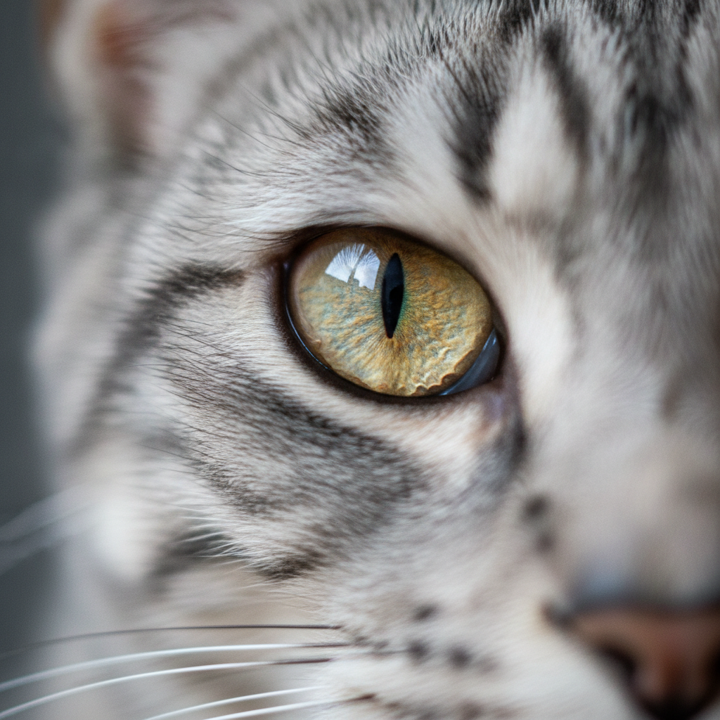 Gambar jarak dekat muka seekor kucing menunjukkan warna mata yang mencolok