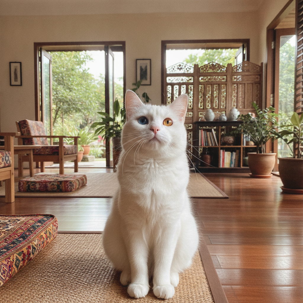 Seekor kucing putih bermata berbeza, satu mata biru dan satu mata ambar