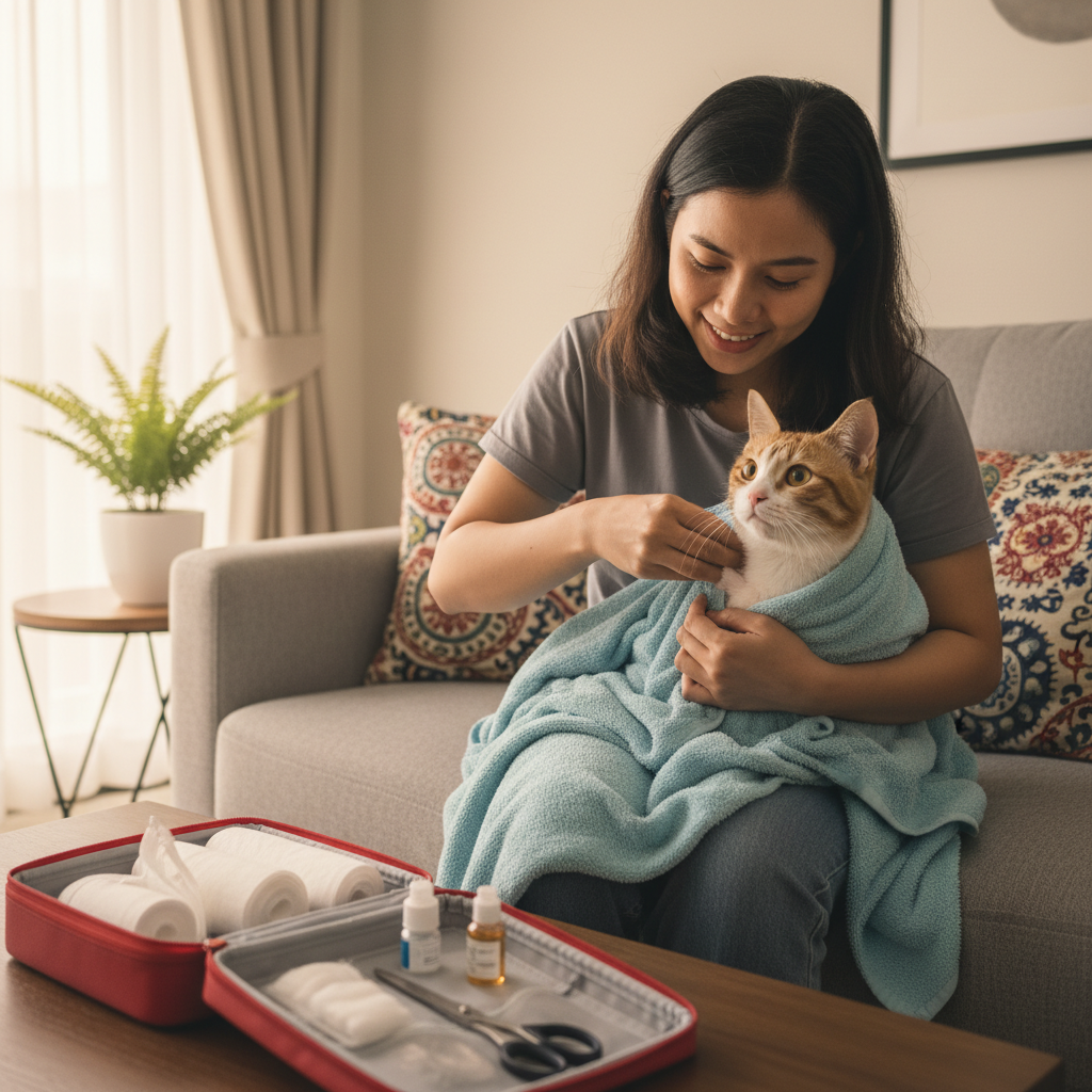 A cat owner gently handling their cat next to an open pet first-aid kit at home