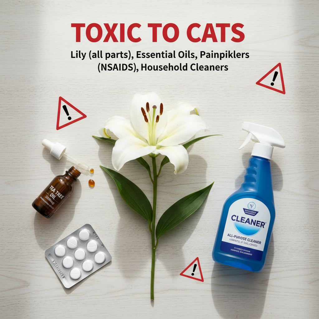 Household items toxic to cats: a lily, essential oil, human painkillers and cleaner