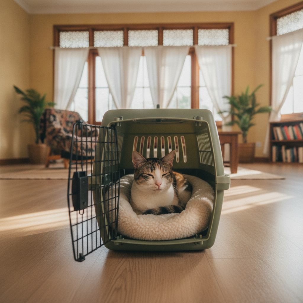 Kucing berehat dengan tenang di dalam carrier berdinding keras sebelum lawatan vet