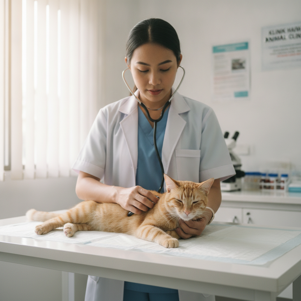 Doktor veterinar memeriksa kucing semasa pemeriksaan kesihatan menyeluruh