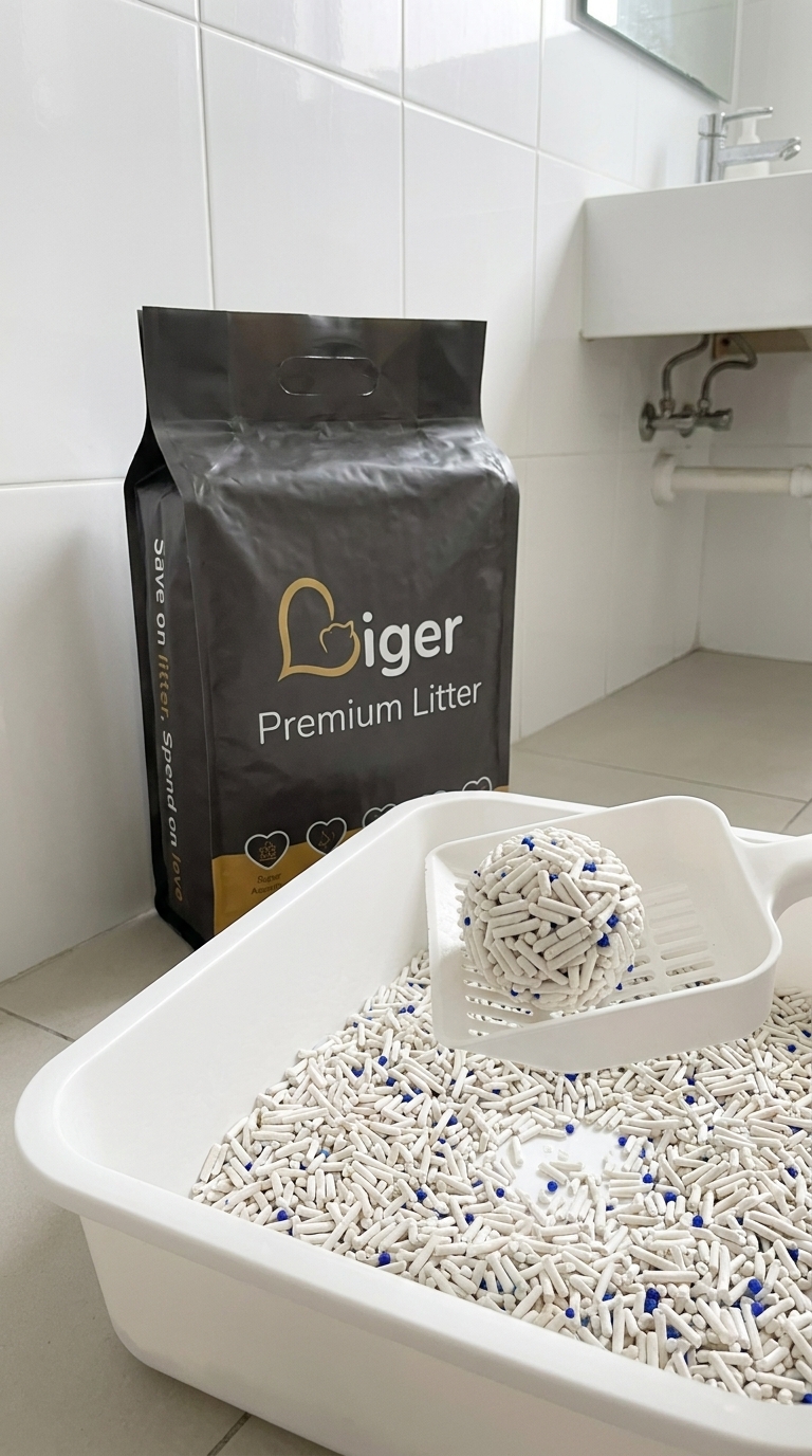 Liger 豆腐猫砂袋放在干净猫砂盆旁，用于监测粪便质量