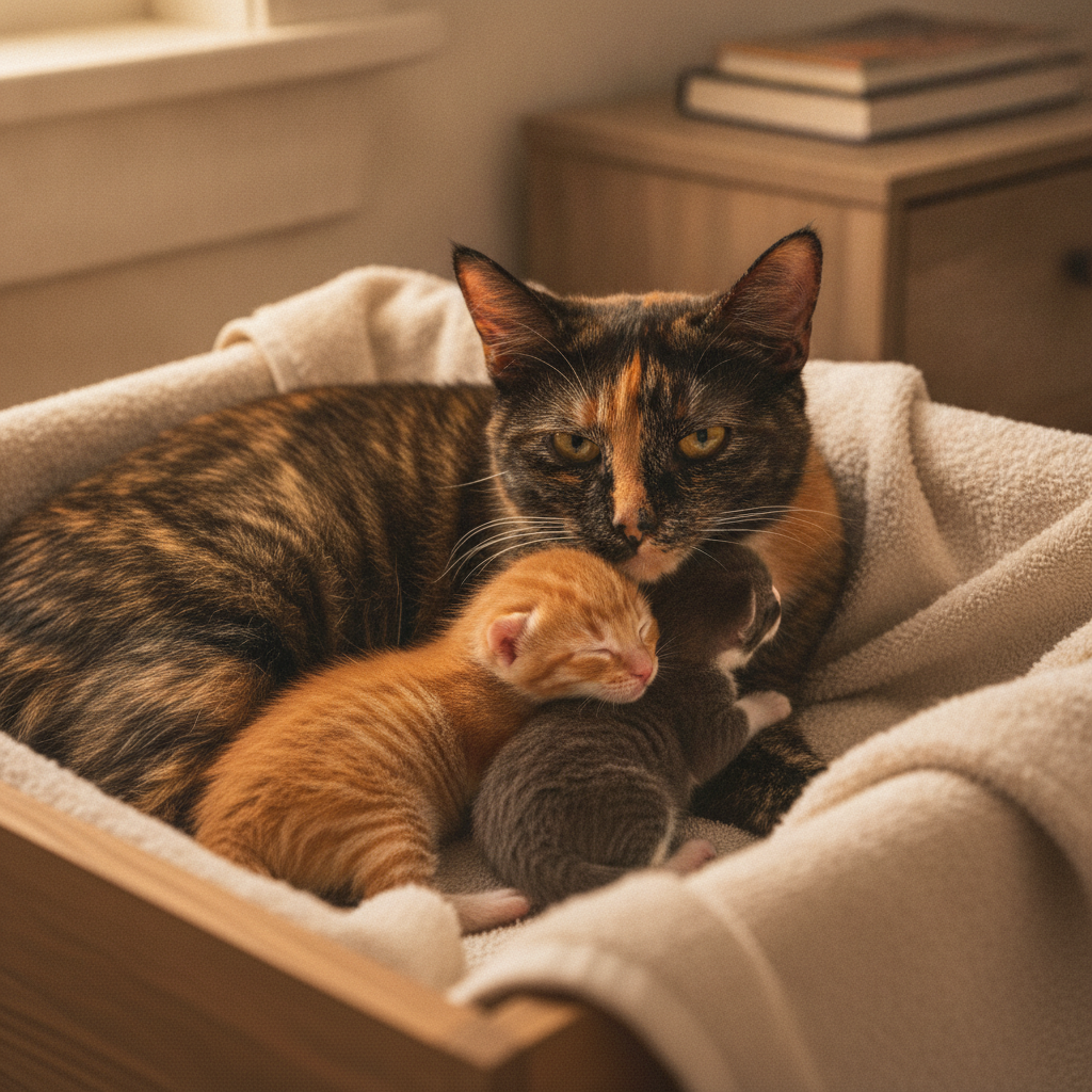 Seekor kucing ibu berehat dalam kotak sarang bersama anak-anak kucing yang baru lahir