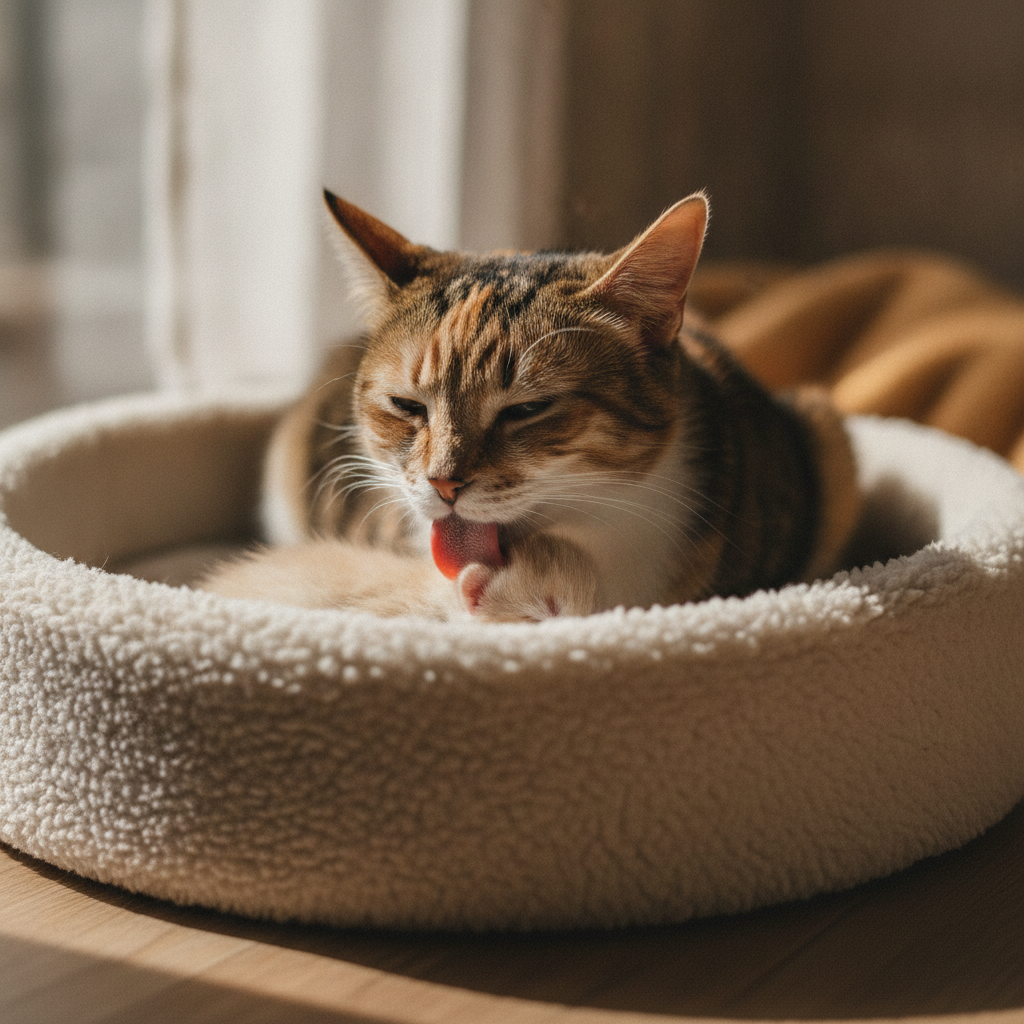 Seekor kucing ibu merawat anak kucingnya yang baru lahir dalam kotak sarang