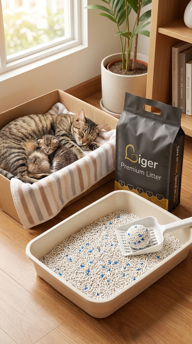Sudut rumah yang bersih dengan pek dan dulang Liger berdekatan kotak sarang kucing ibu