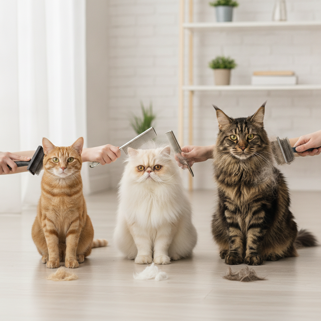 Kucing berbulu pendek, berbulu panjang dan berlapis dua diberus dengan berus yang berbeza