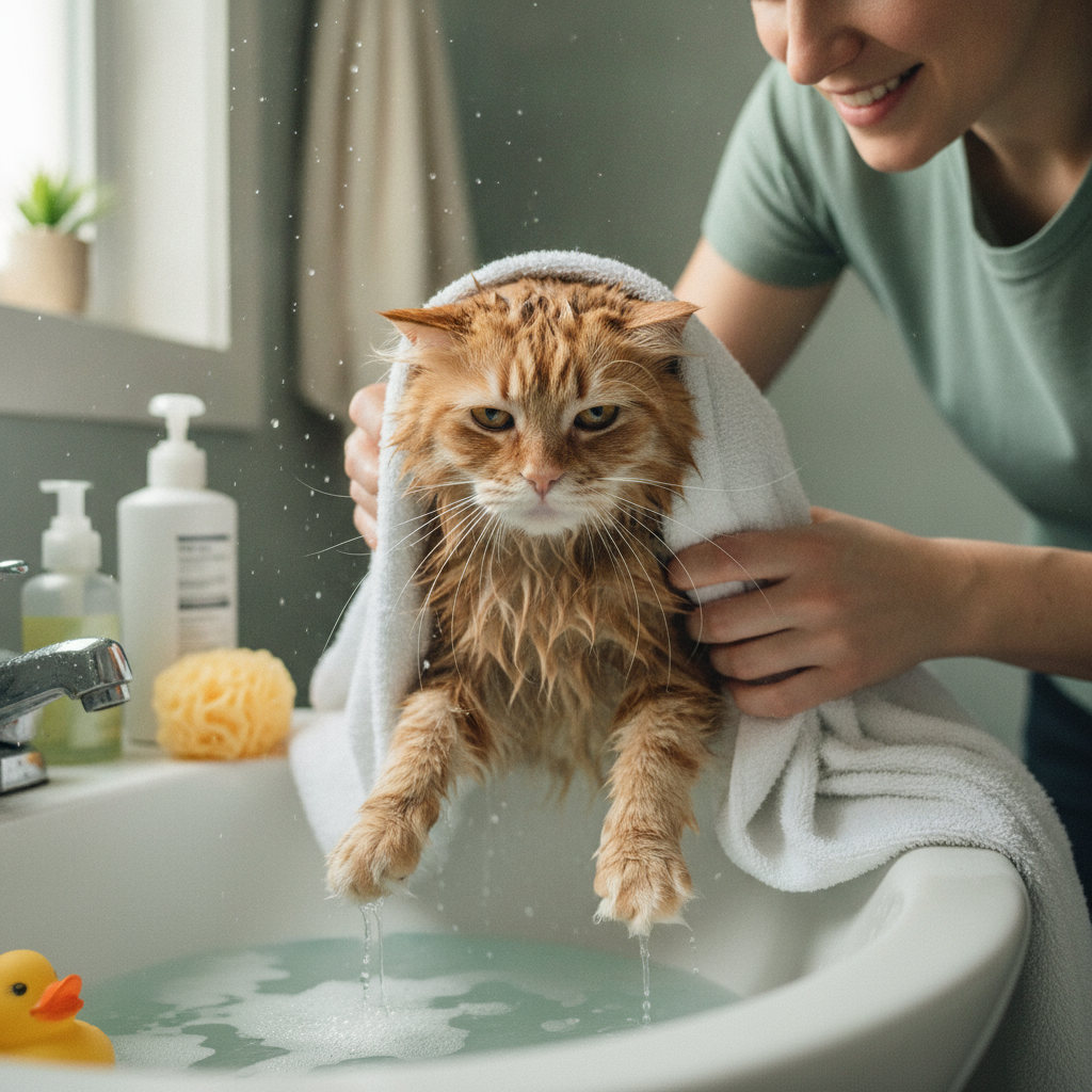 Kucing dikeringkan dengan tuala selepas mandi yang jarang diperlukan