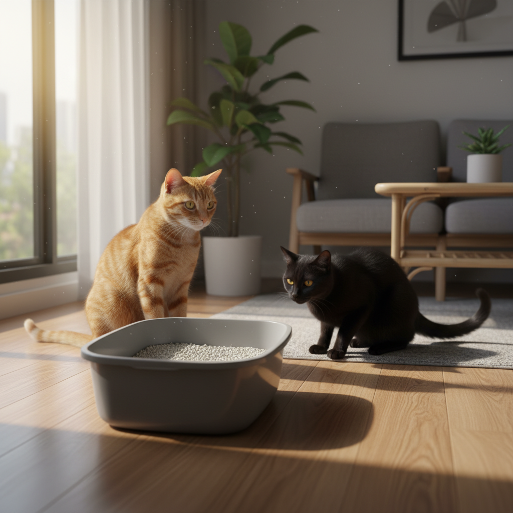 One cat tensely guarding a litter box while another watches warily from a distance