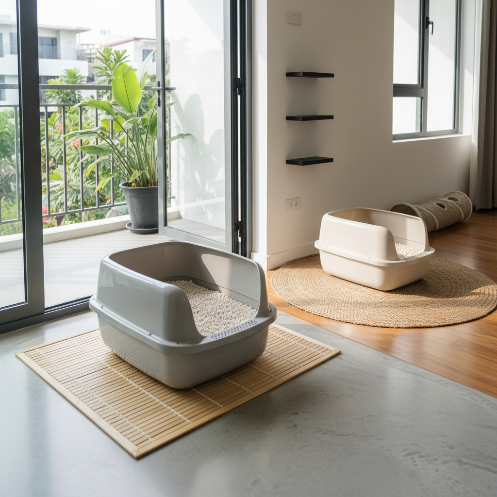 Two litter boxes placed in separate areas of a home with open escape routes