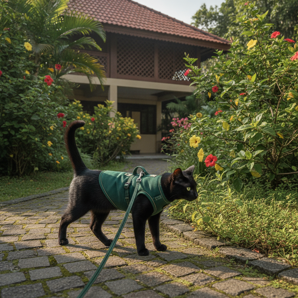 Kucing yakin memakai harness vest meneroka taman yang tenang dengan tali pada waktu pagi