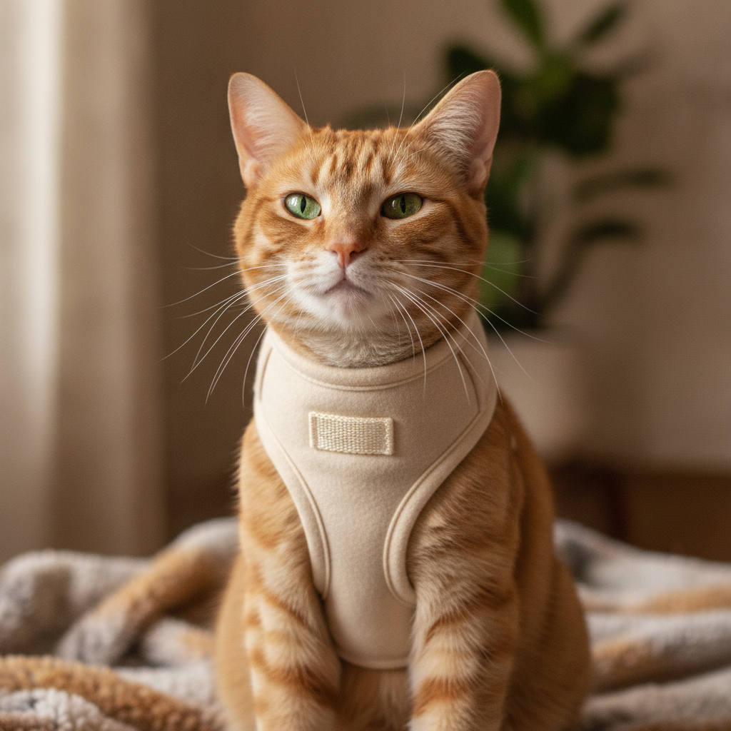 Kucing tenang memakai harness vest yang kemas di dalam rumah