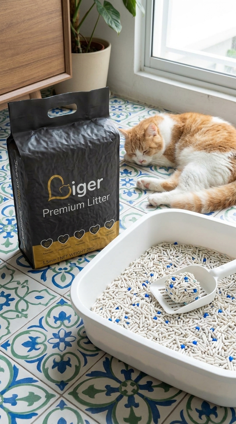 Pek pasir kucing tofu Premium Liger 2kg di sebelah kotak pasir bersih di rumah Malaysia